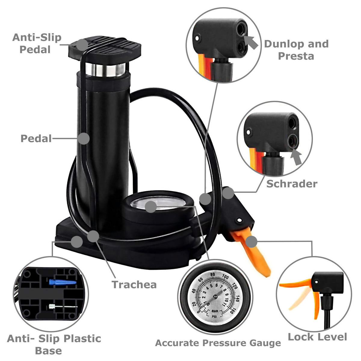 Portable Foot-Operated Bicycle Pump with Pressure Gauge for Car Motorcycle