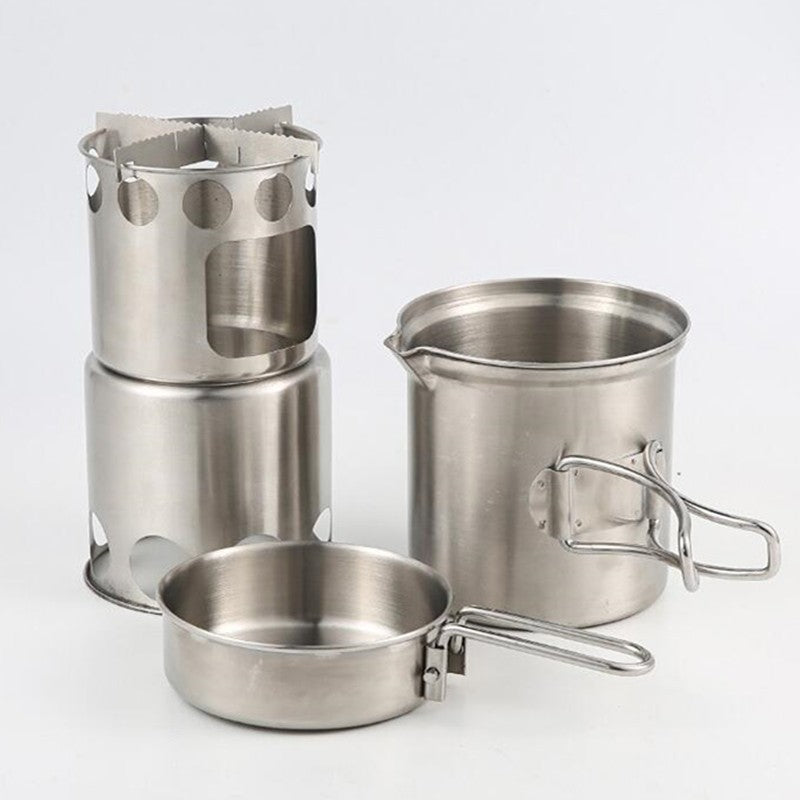 Stainless Steel Camping Cookware Set with Wood Stove for Hiking & Backpacking