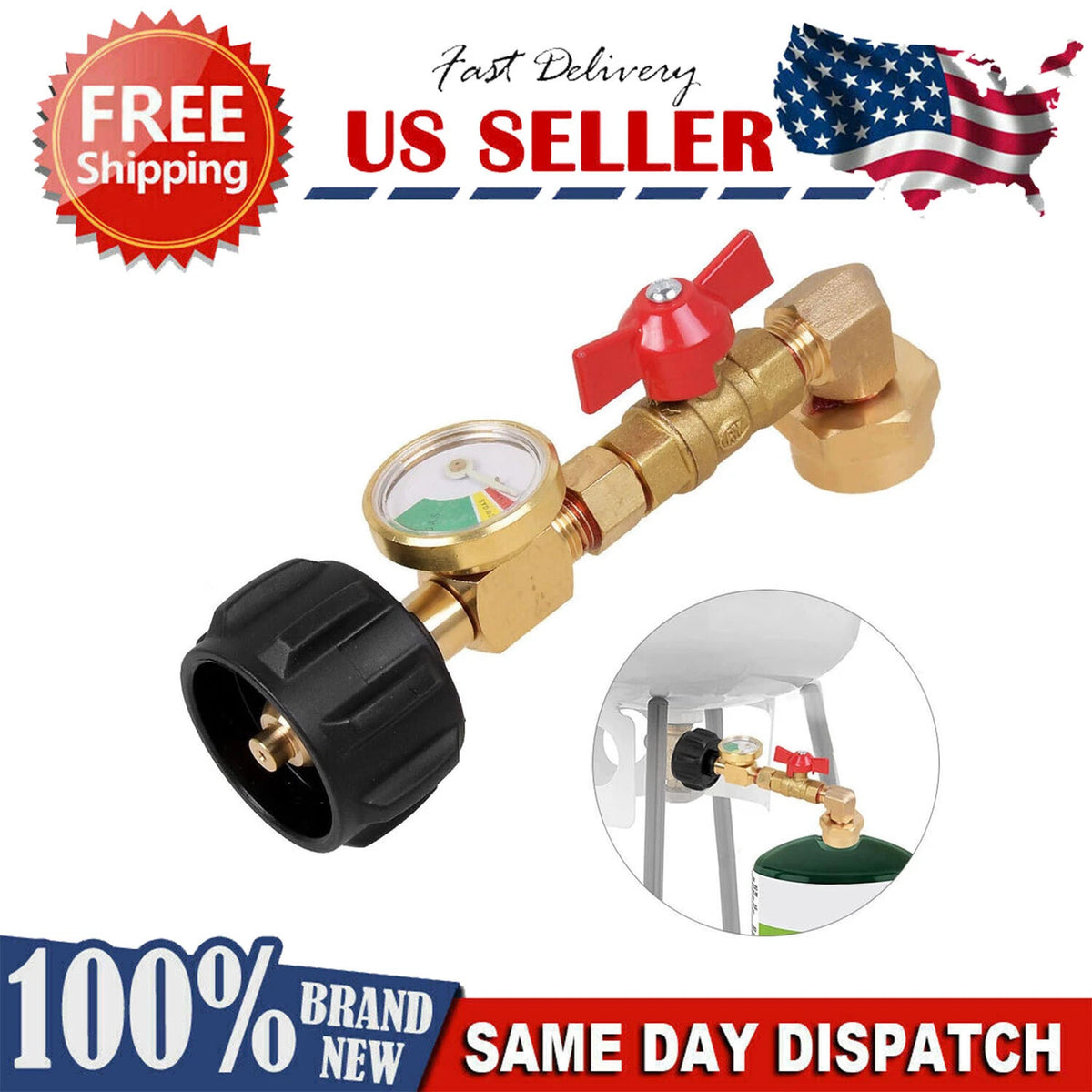 Propane Tank Refill Adapter with Gauge and On-Off Valve - 1Lb to 20Lb Compatibility
