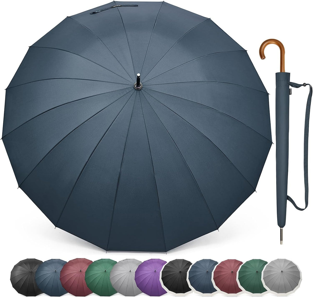 Large Windproof Umbrella 54 Inch with Wooden J Handle and Auto Open
