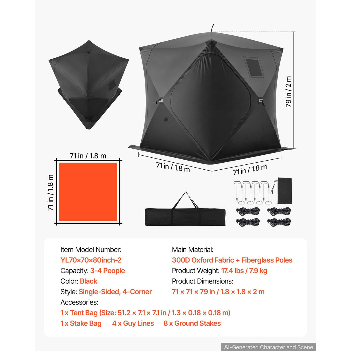 Pop-Up Ice Fishing Tent for 3-4 People - Portable 71x71x79 in Shelter