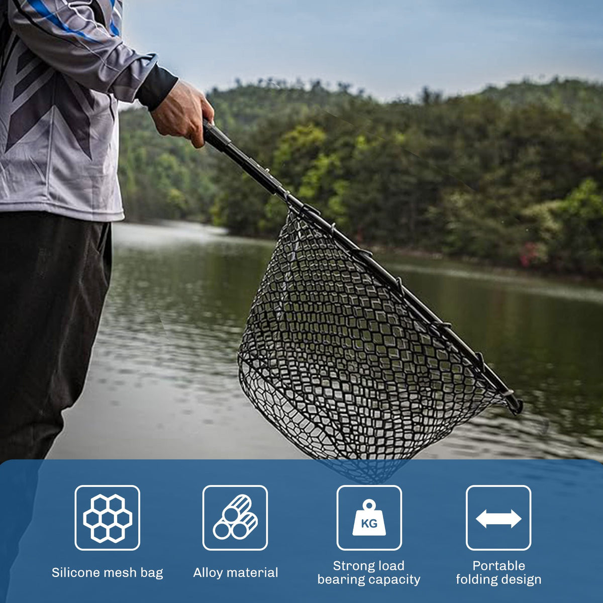 Folding Fishing Landing Net with Rubber Mesh and Aluminum Frame
