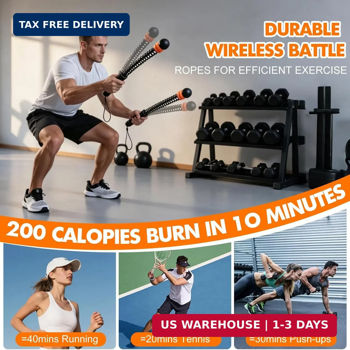 Adjustable Weighted Battle Ropes for Home Gym HIIT Workout - Cordless Fitness Rope