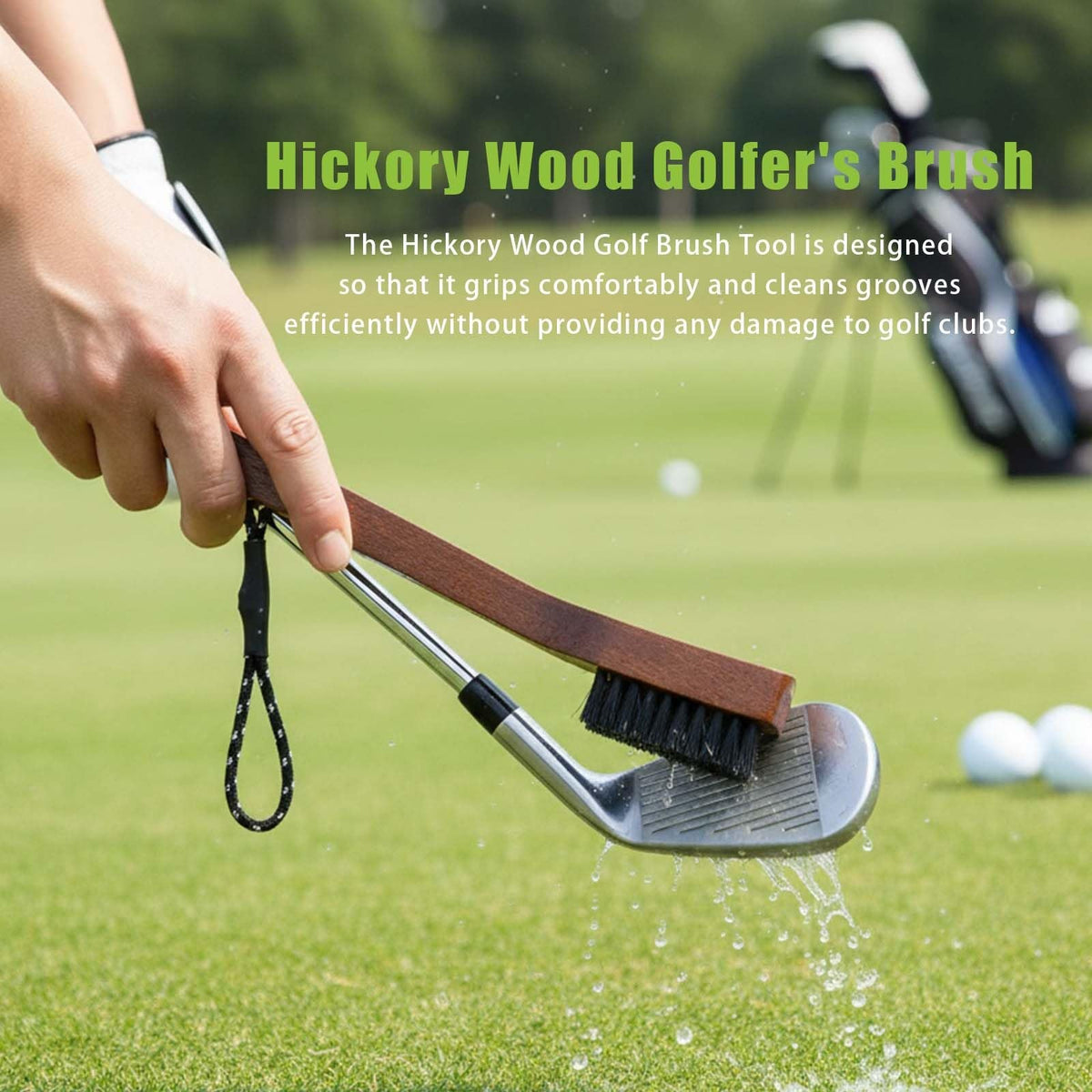 Hickory Wood Golf Club Brush & Groove Cleaner with Nylon Bristles, Clips & Paracord