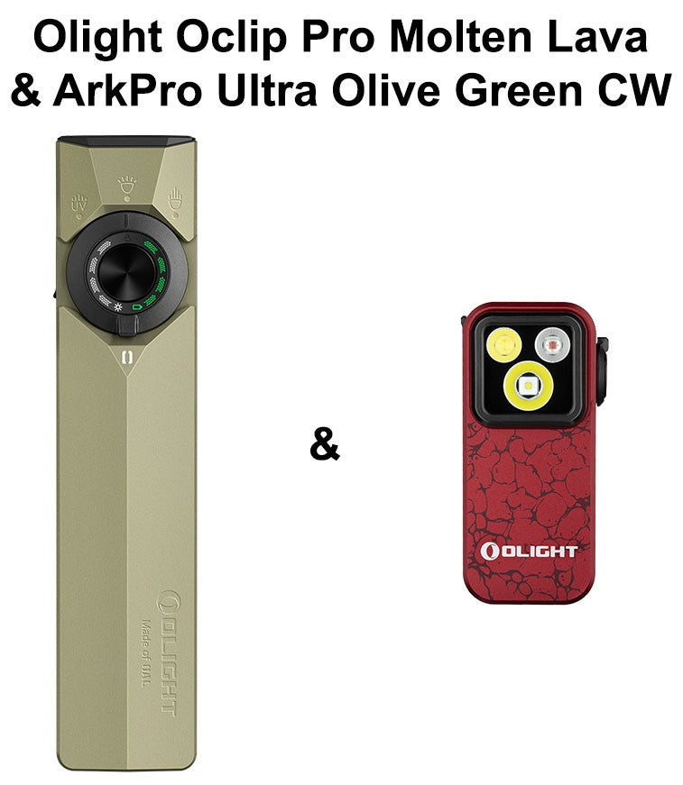 Olight ArkPro Ultra 3R Flashlight with Flood, Spot, UV, and Laser - Olive Green & Molten Lava Clip-On