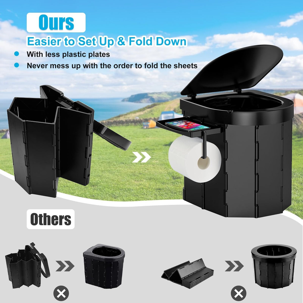 Portable Camping Toilet with Phone Shelf and Toilet Paper Holder