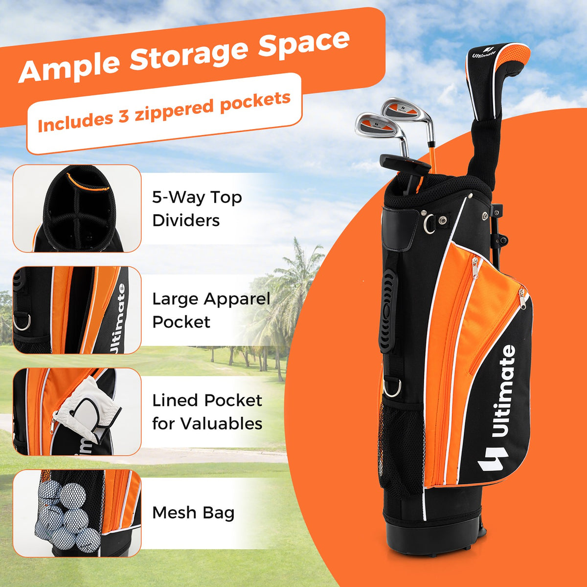 Kids 28-Inch Complete Golf Club Set with Stand Bag - Yellow, Beginner Friendly