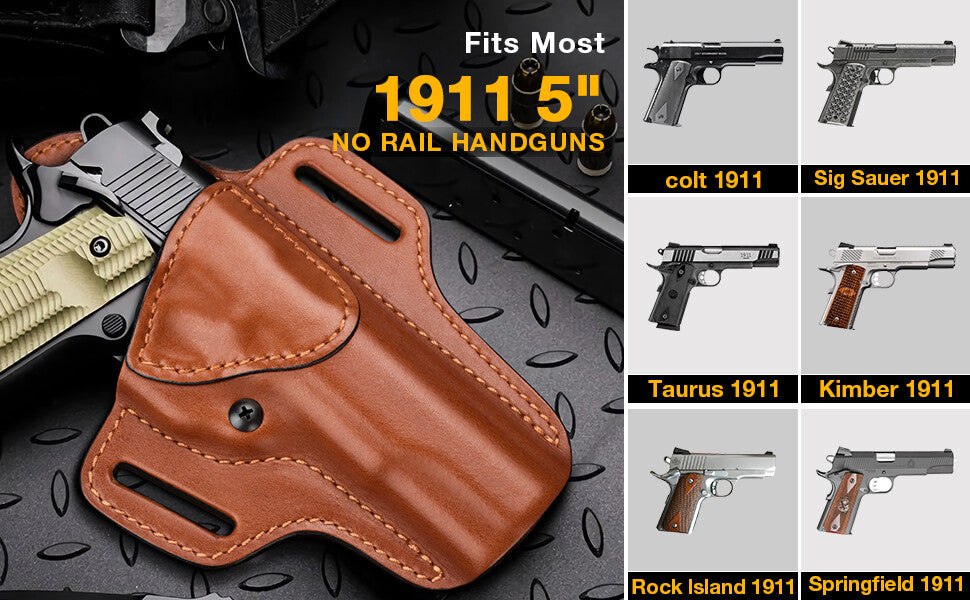 1911 Leather Holster for 5-Inch Barrels OWB Concealed Carry - Fits Colt Kimber Springfield