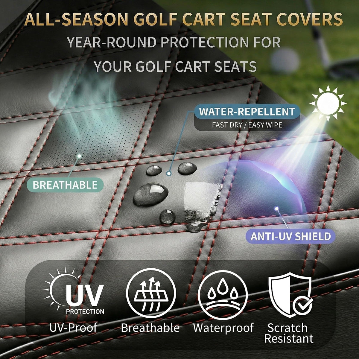 Golf Cart Seat Covers Set for Club Car Precedent Black - Easy Install, Durable PU Leather