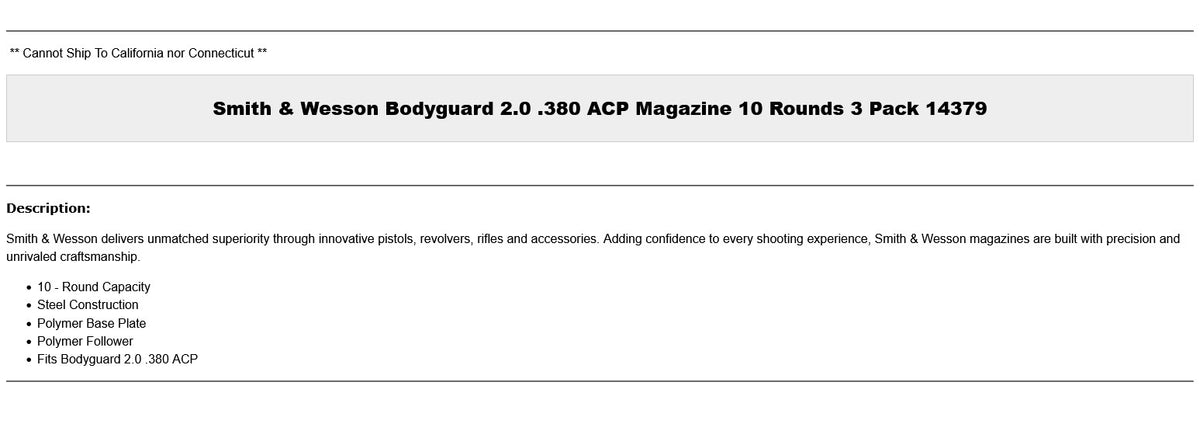 Smith & Wesson Bodyguard 2.0 .380 ACP Magazine 10 Rounds Steel 3 Pack