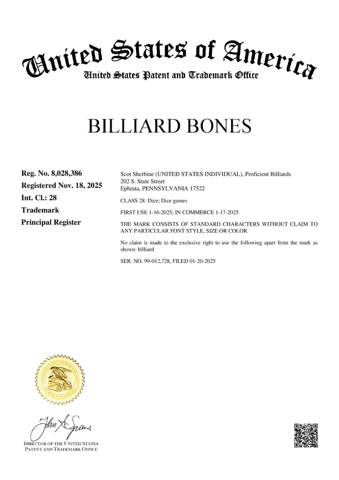 Billiard Bones Dice Game Set for Pool – Includes 3 Engraved Dice