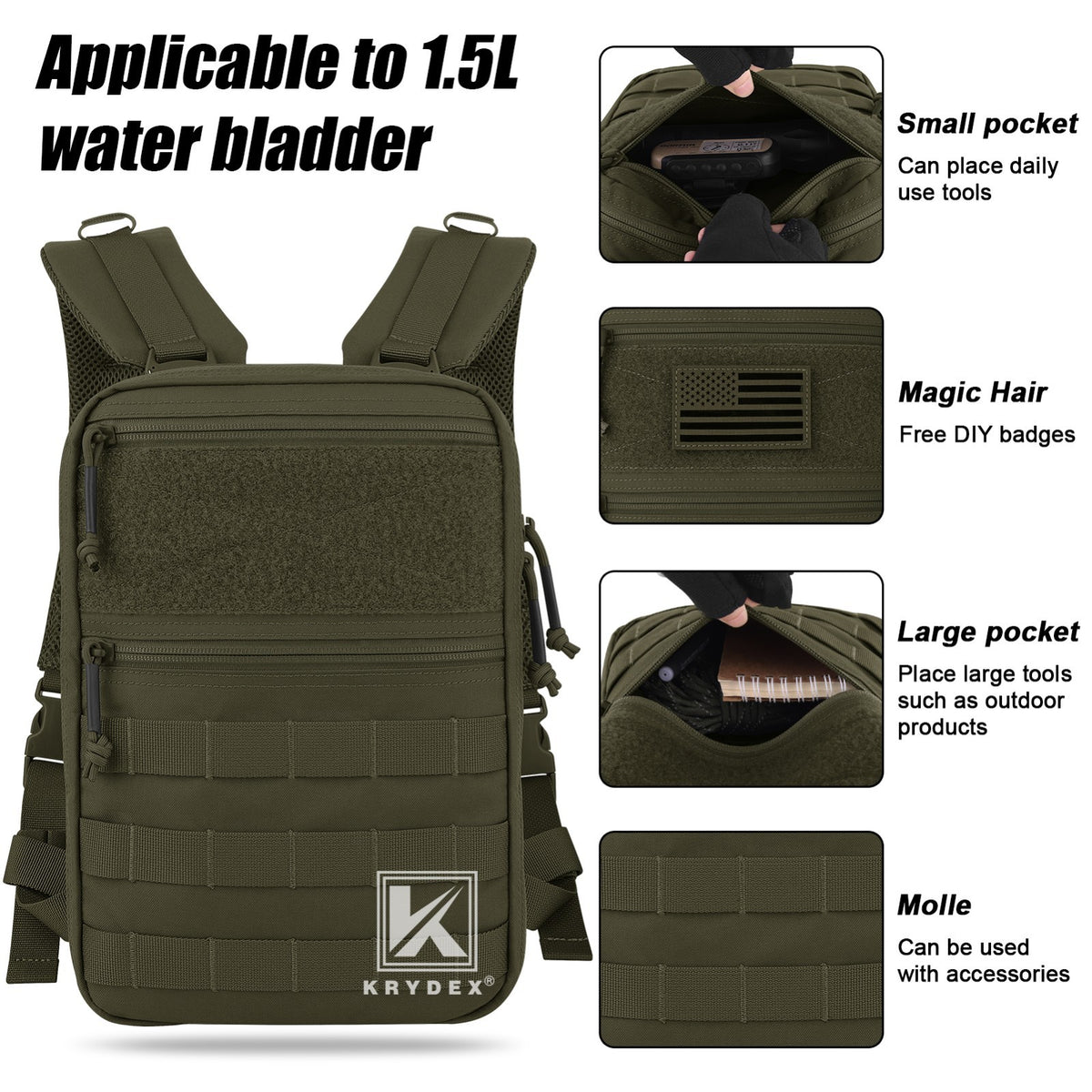 Tactical Hydration Pack with 1.5L Water Bladder and MOLLE Backpack