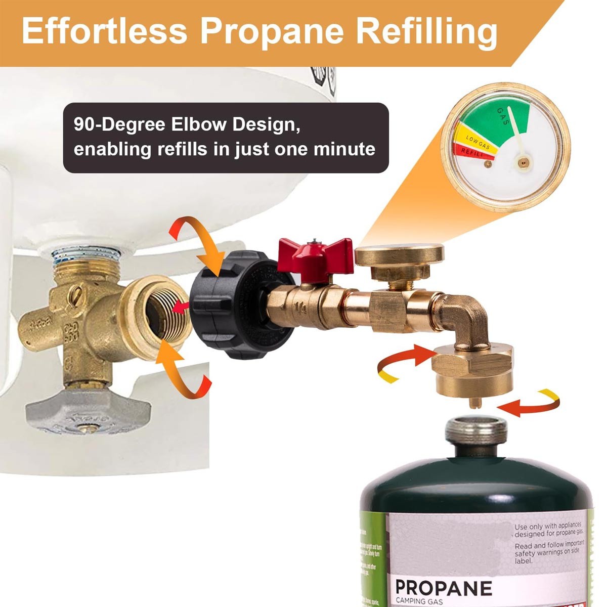 Propane Refill Adapter 20lb to 1lb with Valve & Gauge - Camping & Grilling