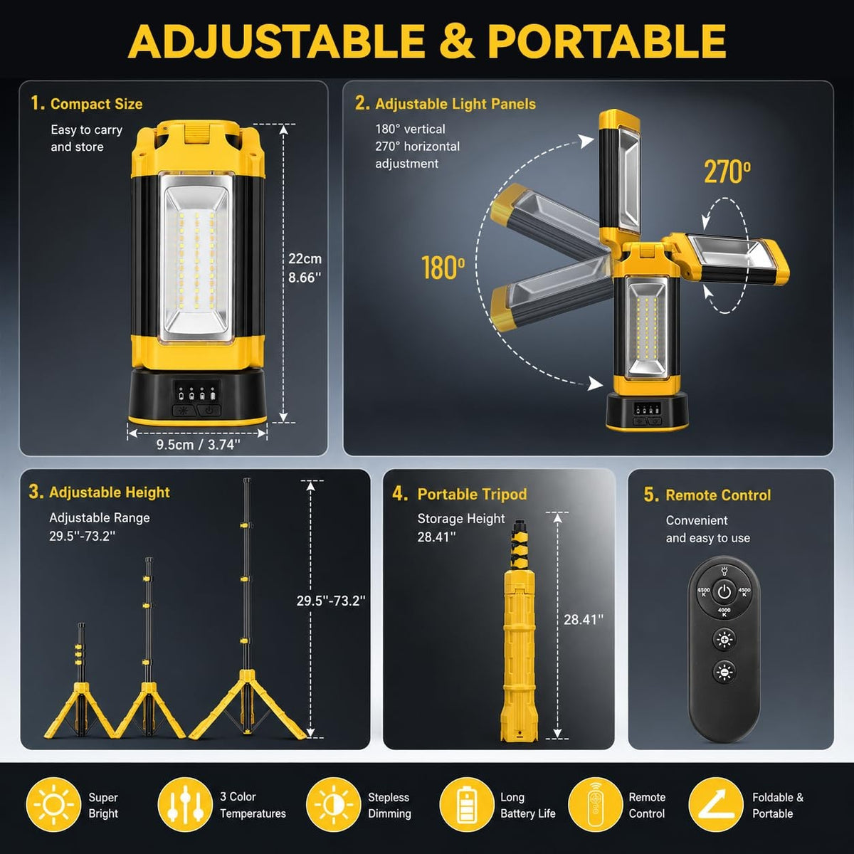 Rechargeable Camping Light with Stand 12000mAh Power Bank 73.2 Inch Yellow