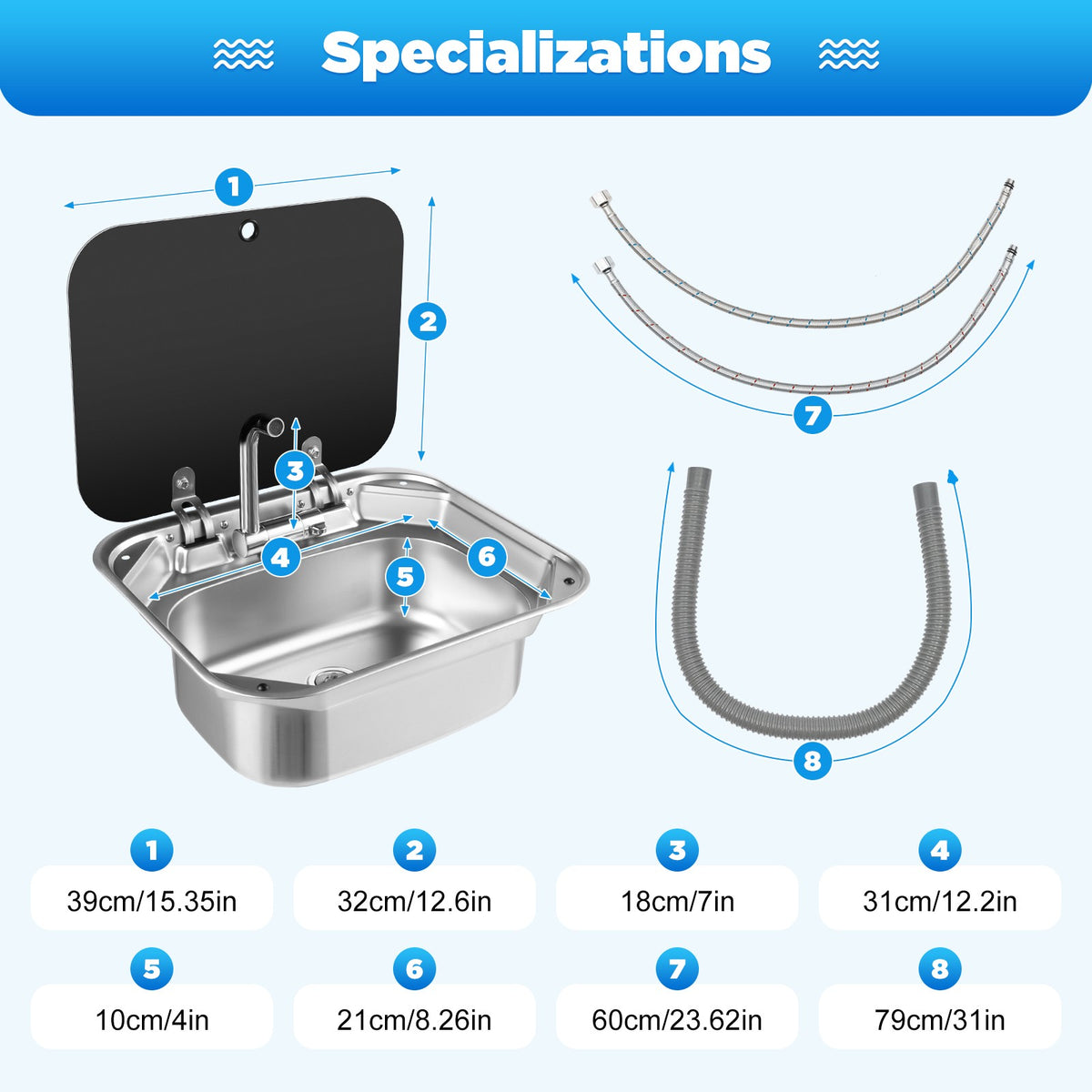 RV Caravan Stainless Steel Hand Wash Basin with Lid and Faucet