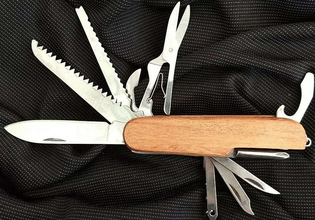 Multi-Tool Pocket Knife with Wood Handles, 10 Functions, Camping Gear