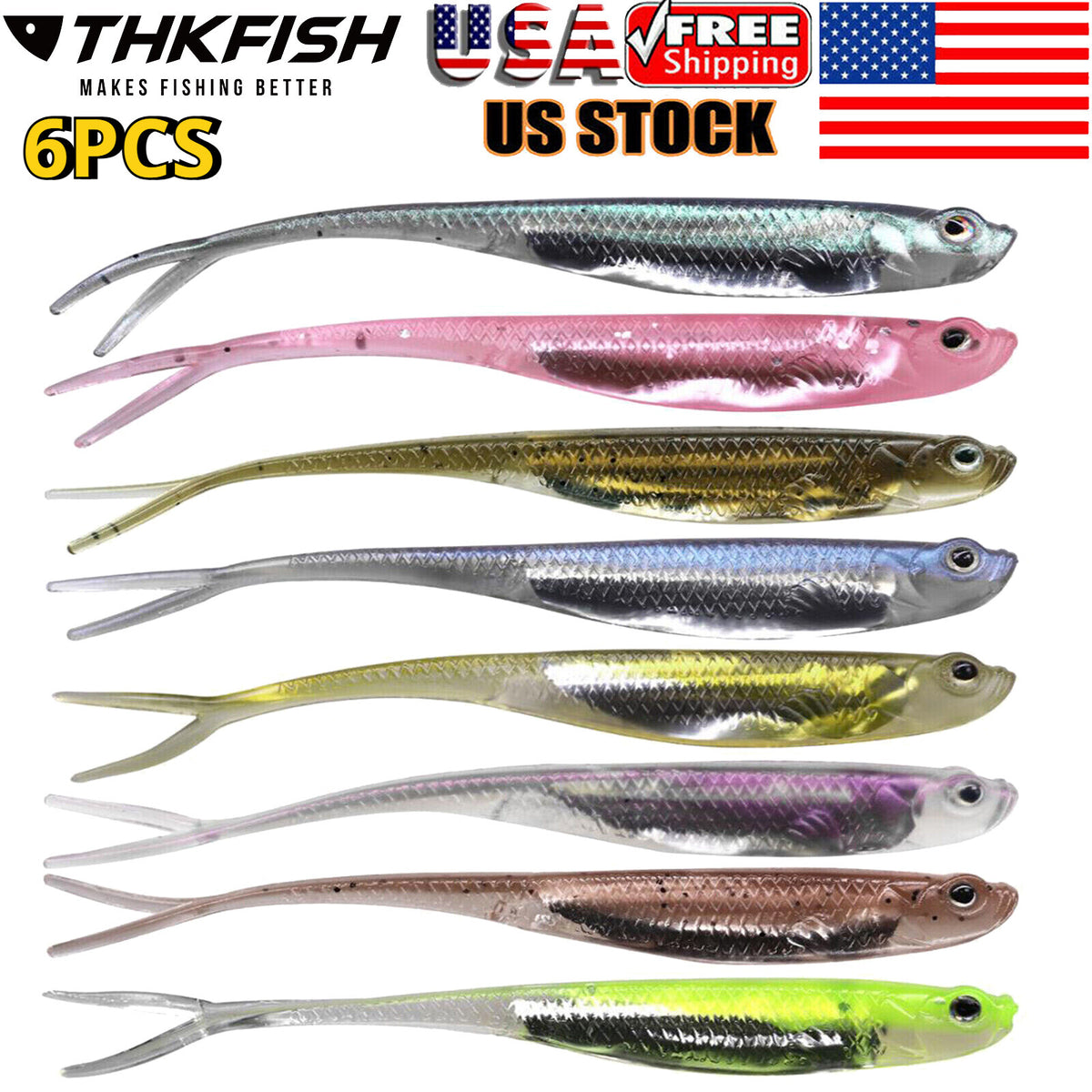 6Pcs Soft Swimbait Fishing Lures - Realistic Jerk Shad Minnow Drop Shot Baits