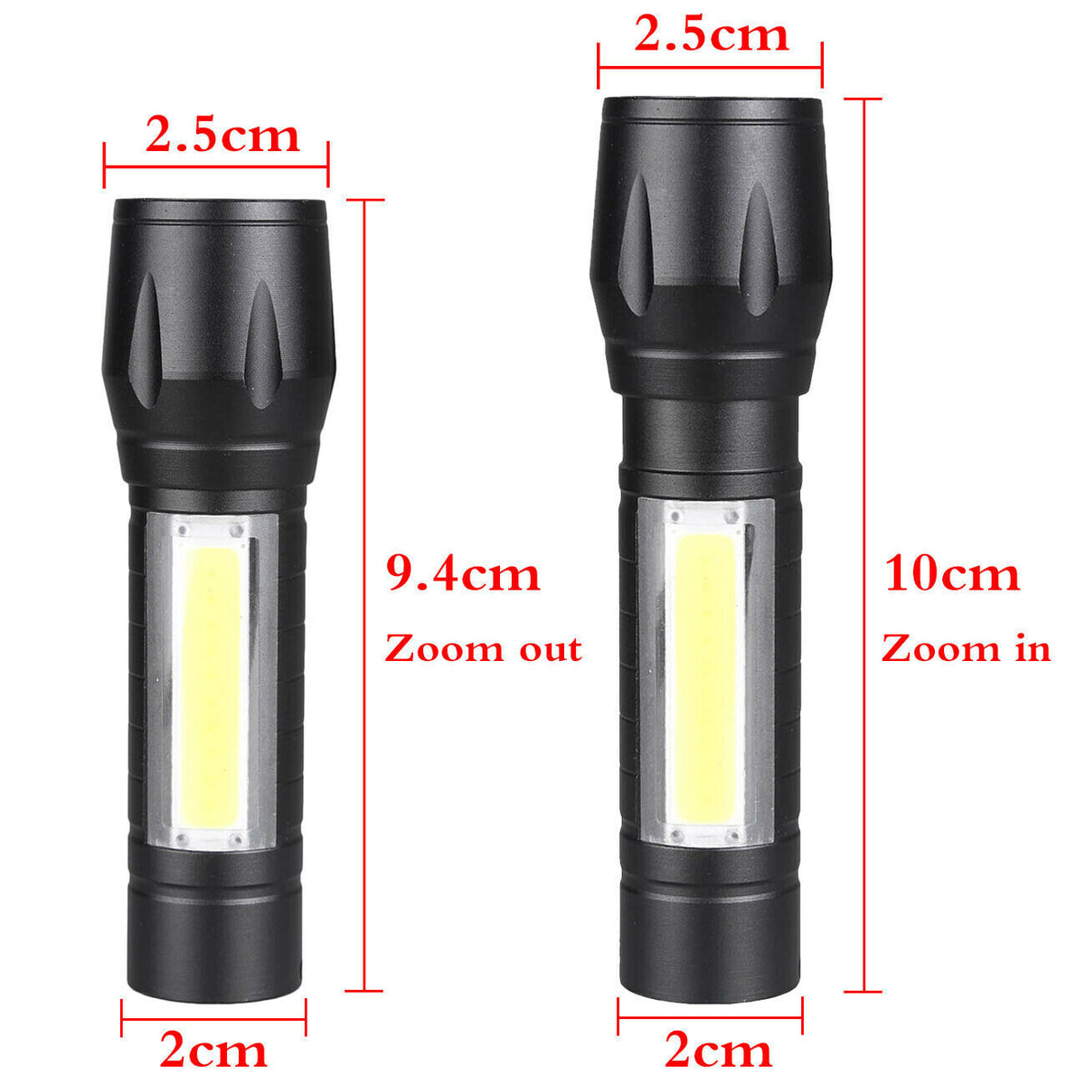 Rechargeable COB LED Flashlight 2 Pack - 3 Modes, Zoom, Side Light