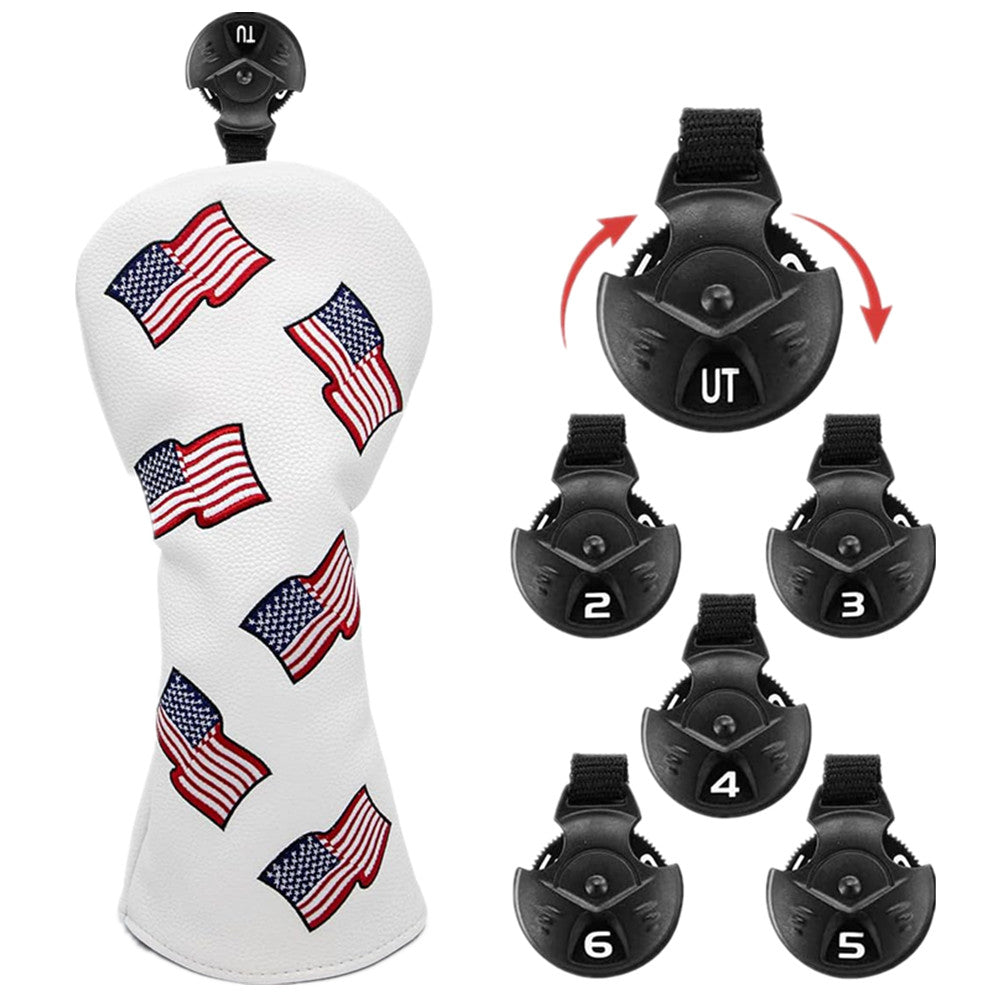 USA Flag Leather Golf Head Cover for Driver Fairway Wood Hybrid Clubs