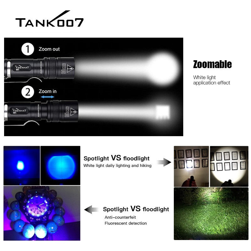 2-in-1 LED Flashlight with White & UV Black Light for Camping Detection