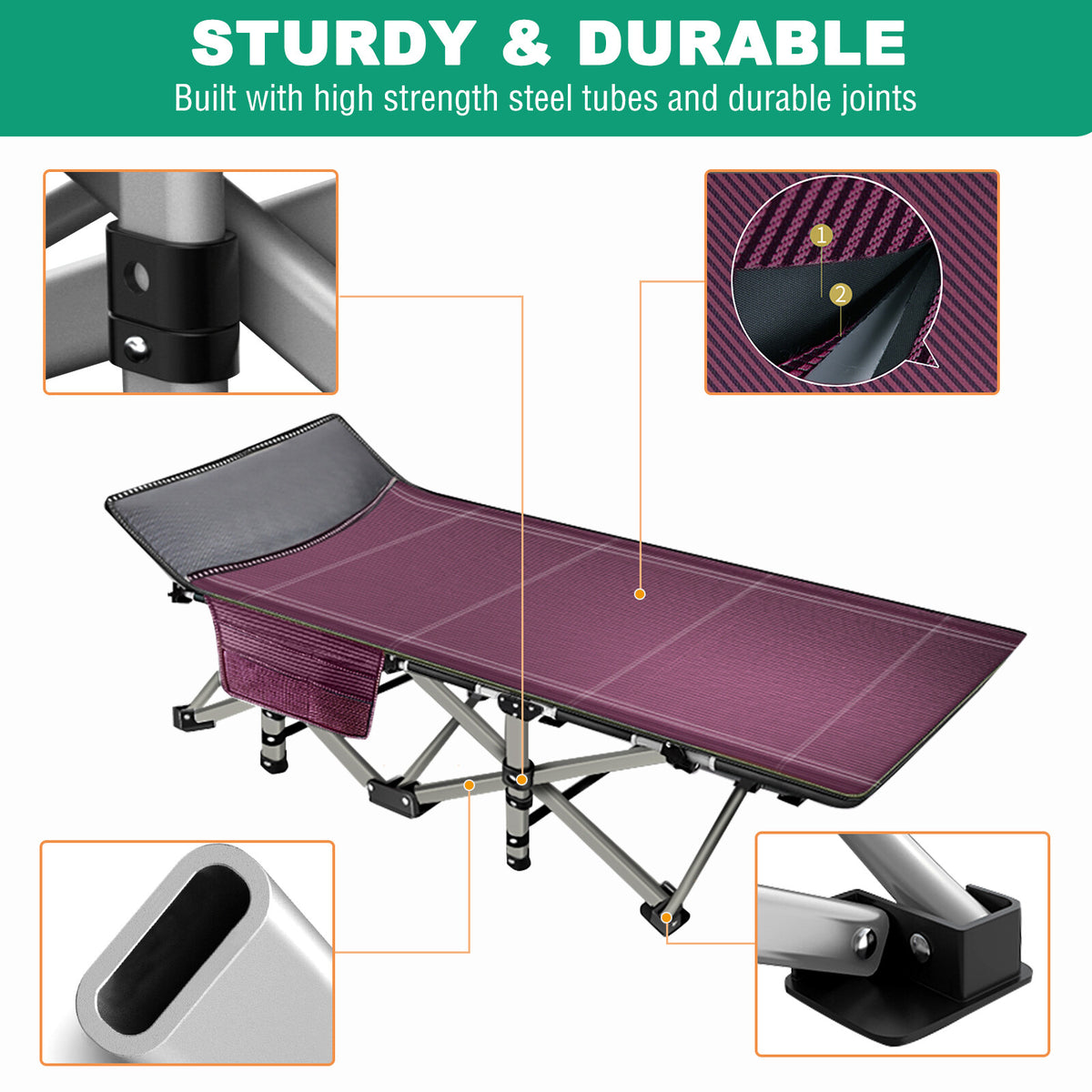 Heavy Duty Folding Camping Cot for Adults with Cotton Mat - Wide Sleep Bed