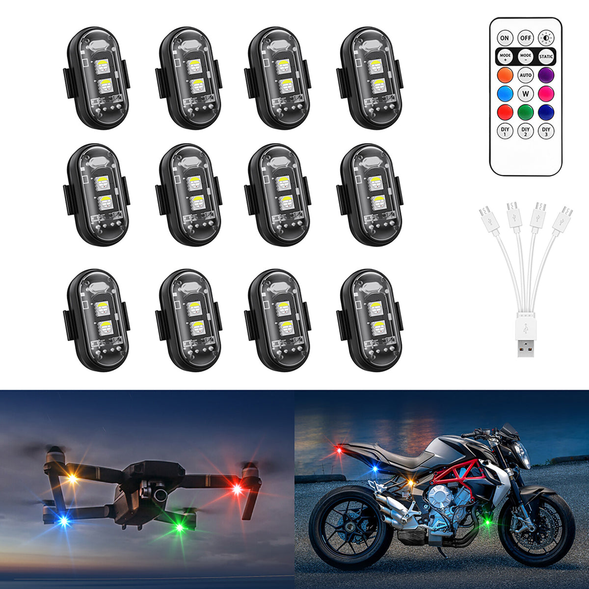 Wireless LED Strobe Lights 12PCS Rechargeable Waterproof Car Motorcycle Drone Lighting
