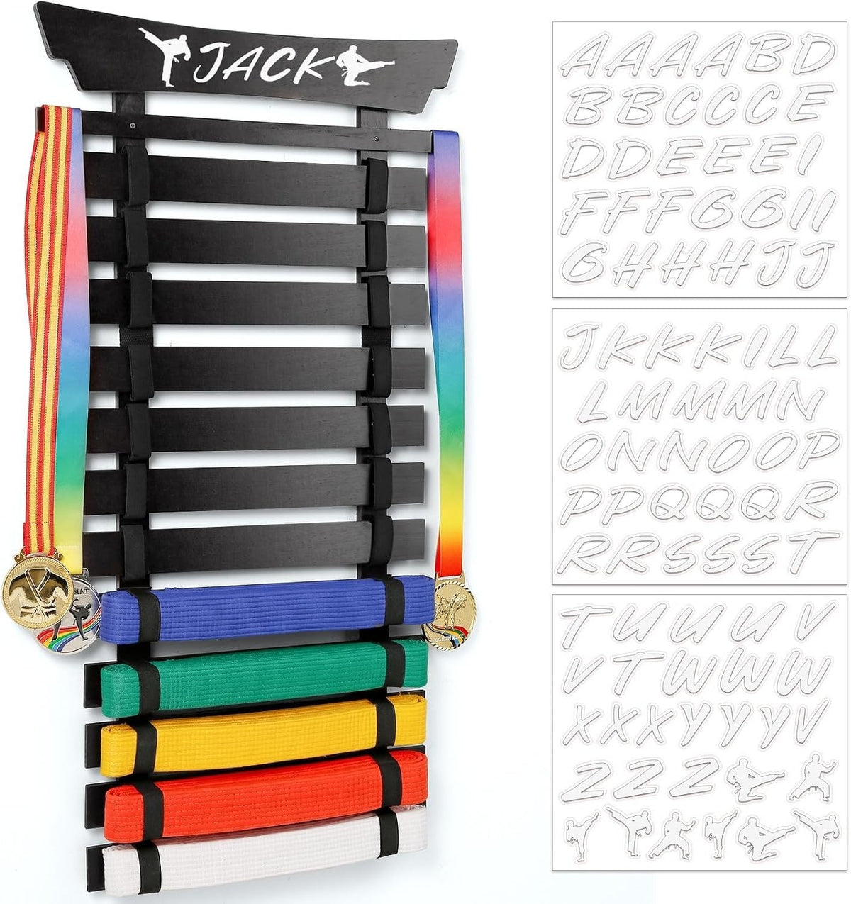 Wall-Mounted Martial Arts Belt Display Rack with Stickers for All Styles