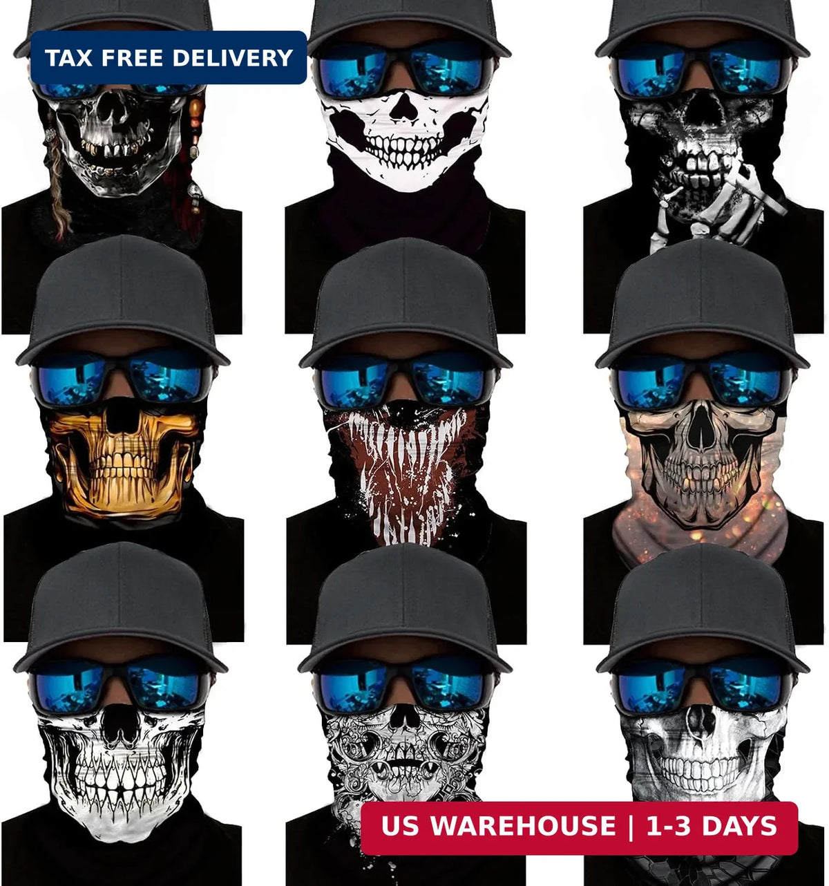 9 Pack Skull Motorcycle Neck Gaiter Face Masks for Men & Women