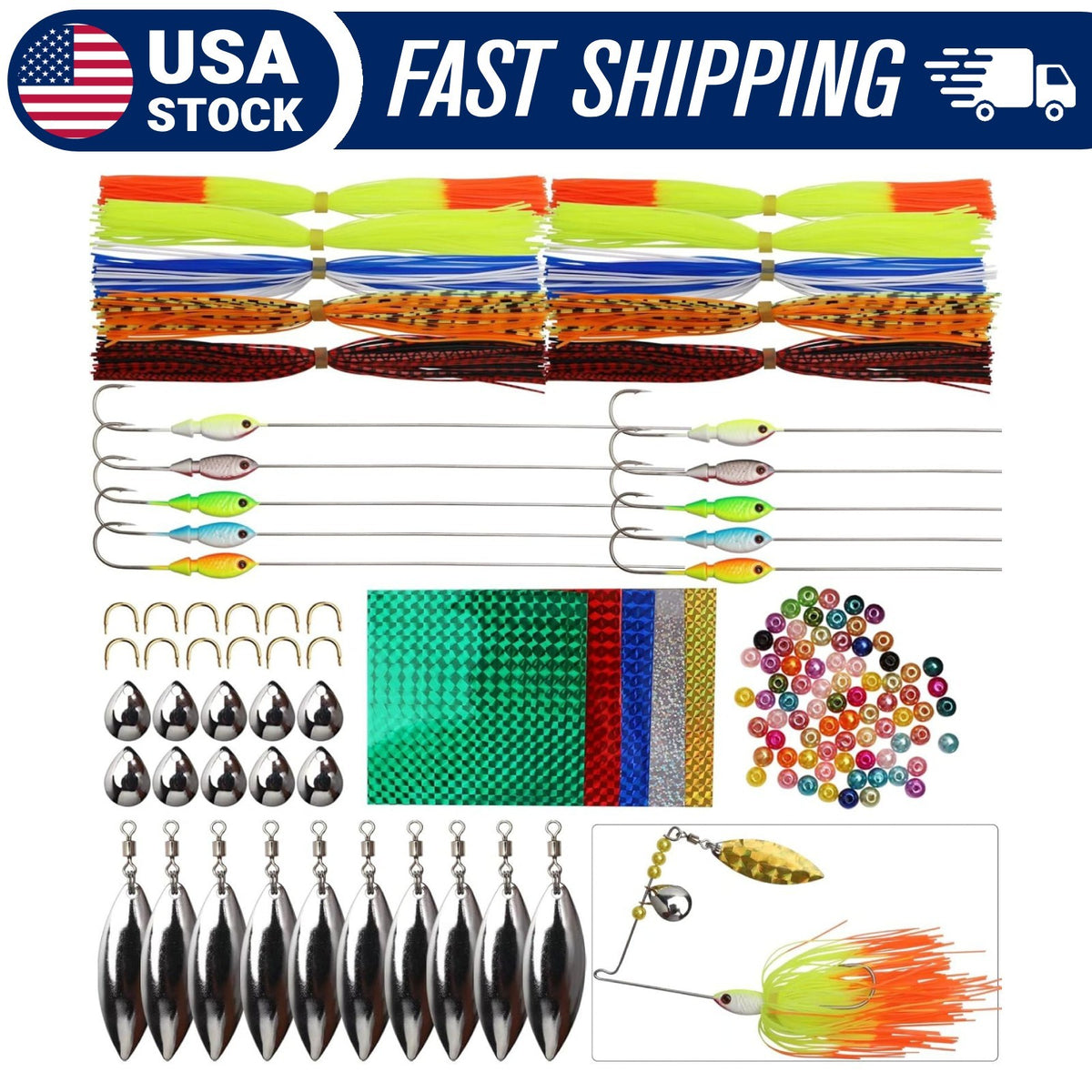 DIY Spinnerbait Making Kit with Flash Blades for Bass Fishing - 107PCS