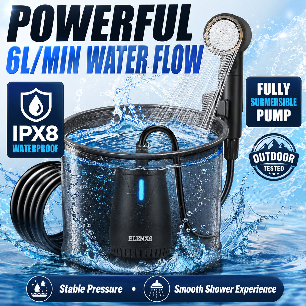 Portable Camping Shower with Water Heater, 8000mAh Rechargeable Pump