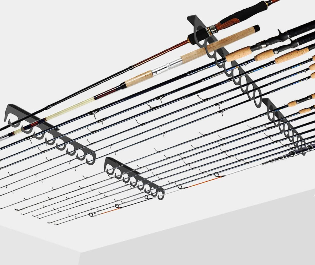 Ceiling Fishing Rod Holder Rack - Vertically & Horizontally Wall & Ceiling Mount Storage for Up to 16 Rods