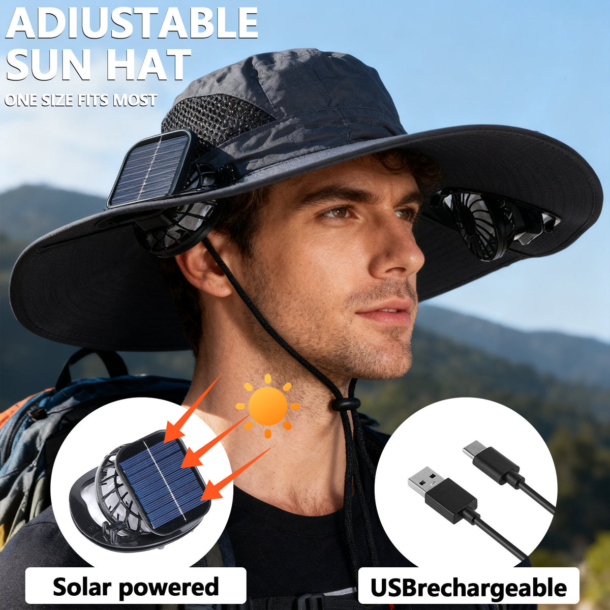 Solar USB Powered Fans Sun Hat - Wide Brim Outdoor Cooling Hat with Dual 3-Speed Fans