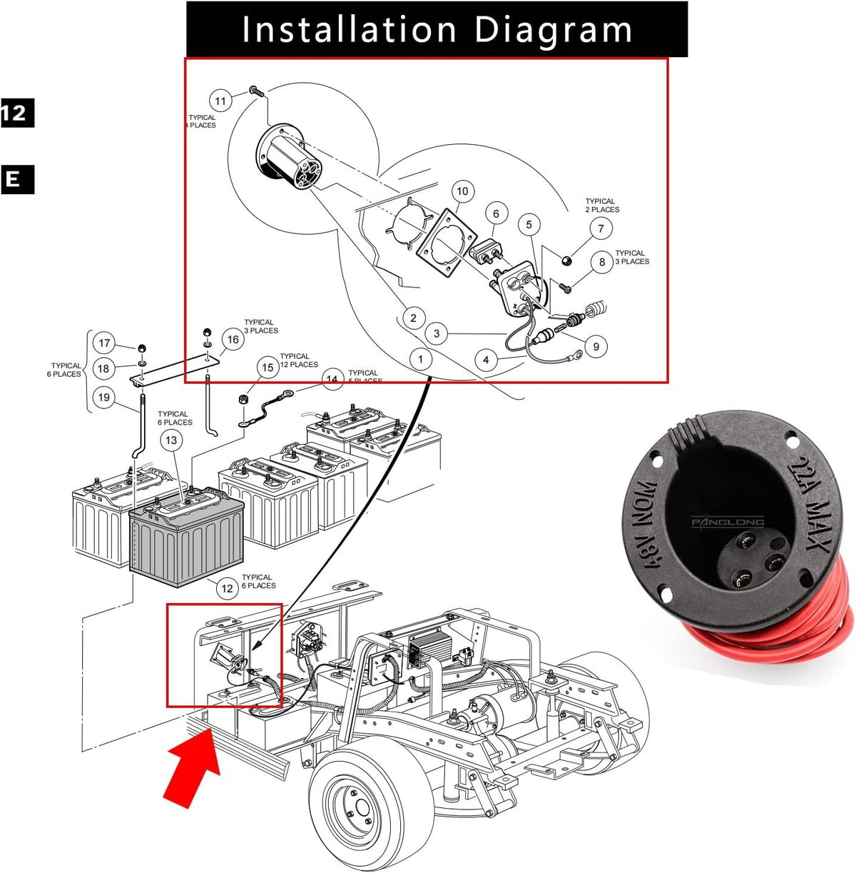 Golf Cart 48V Charging Port with Cord - Replacement Receptacle for Club Car DS