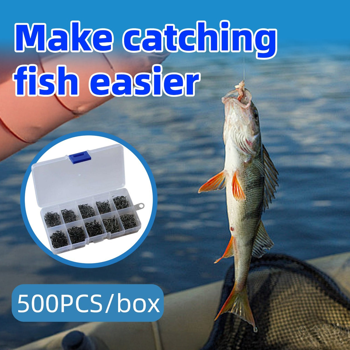500 Pcs Fish Hooks Set - 10 Sizes Sharpened Fishing Hooks in Storage Box