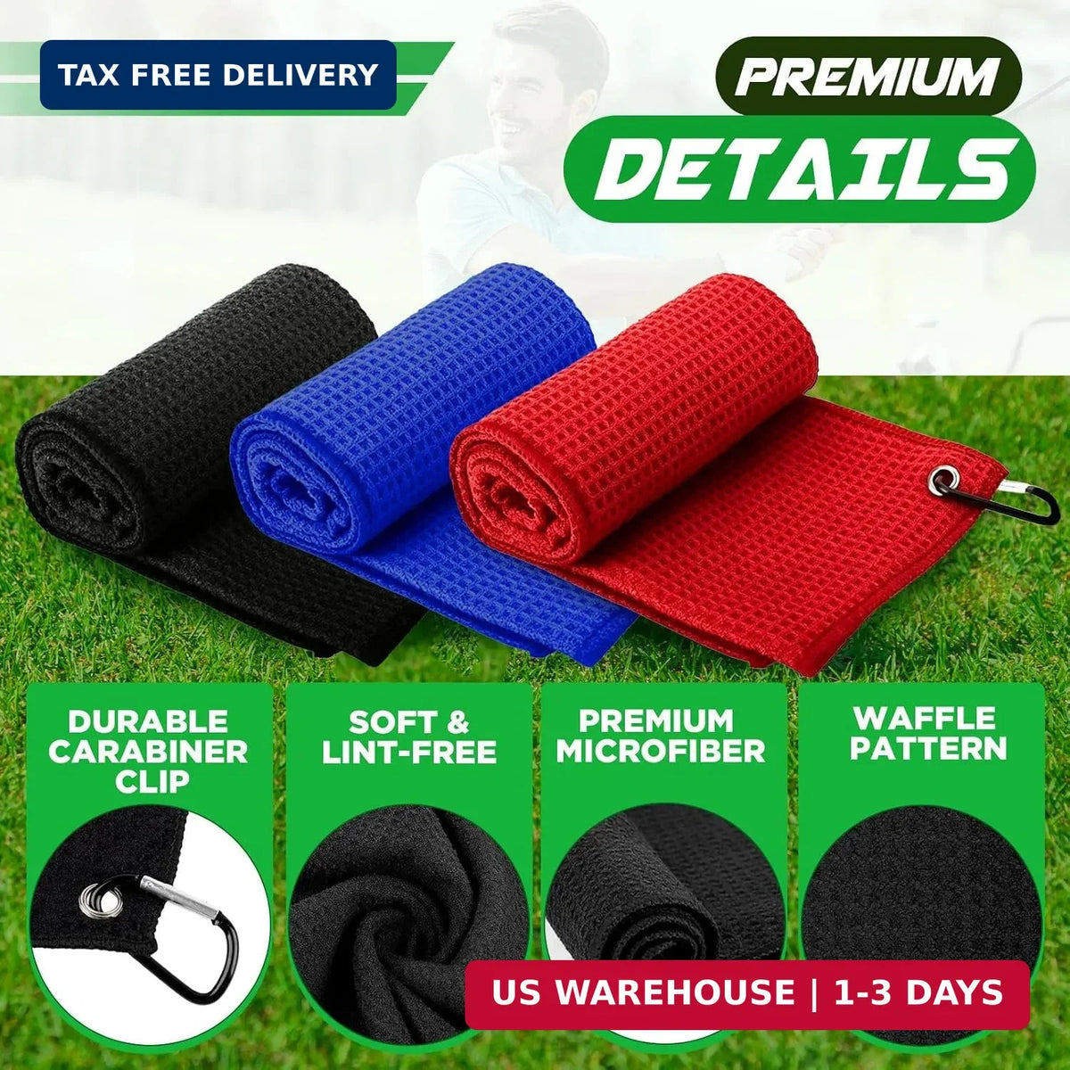 Golf Towel 3 Pack - Microfiber Waffle Pattern, 16x16 Inches, Absorbent Cleaning Towels