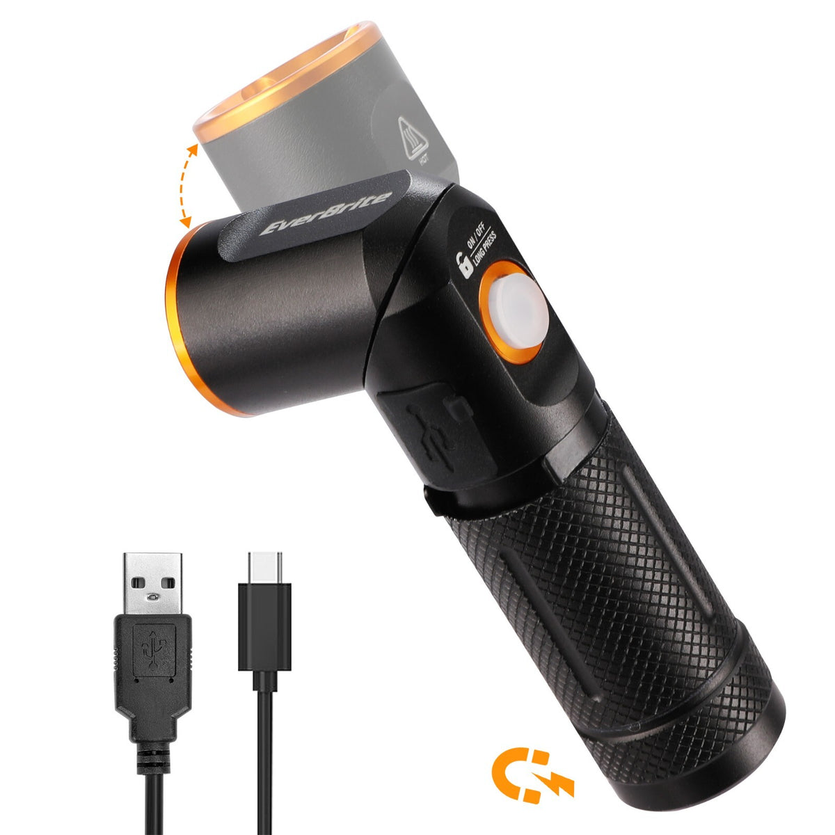 600 Lumens Tactical LED Flashlight with 90° Rotating Head, Magnet & Rechargeable Battery