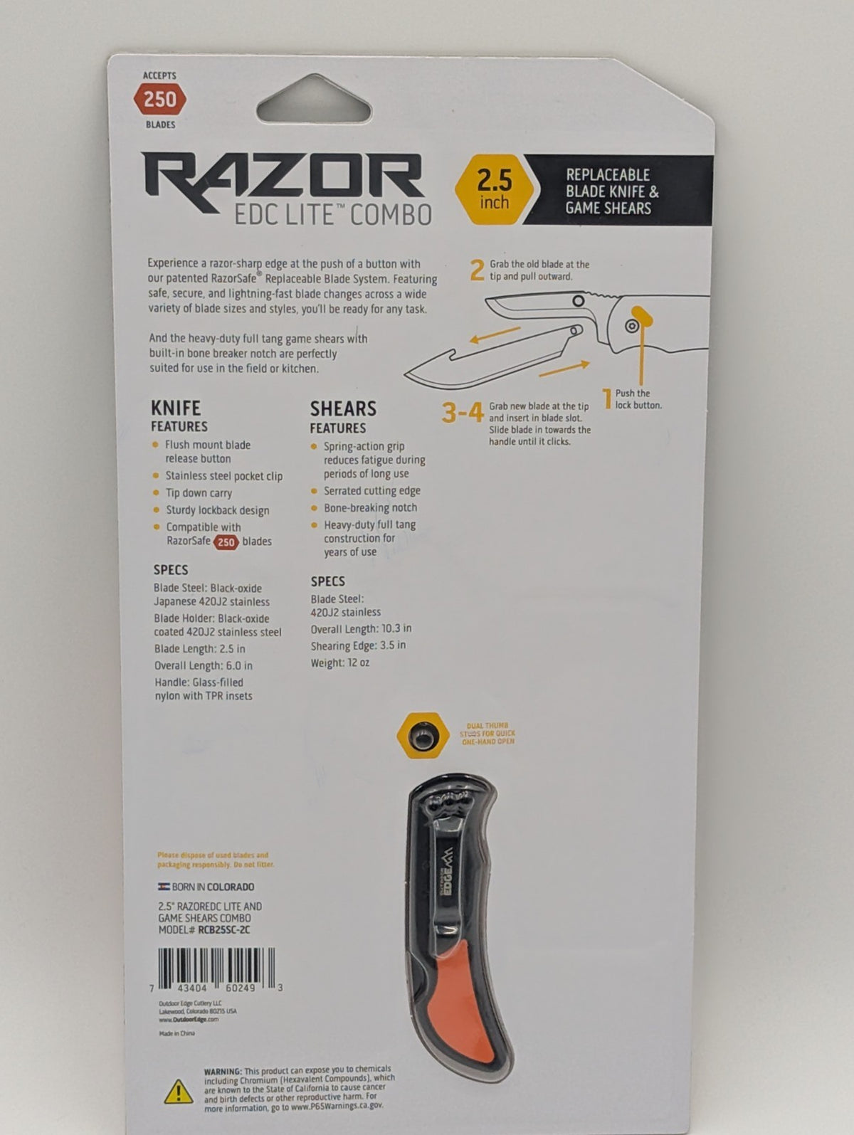 Outdoor Edge Razor EDC Lite 2.5-Inch Knife & Game Shears Set Orange