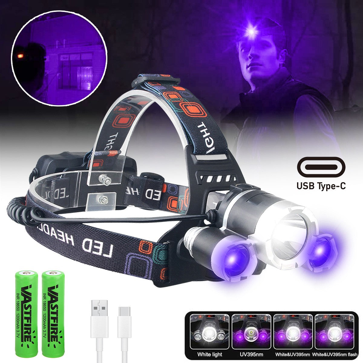 Rechargeable LED Headlamp with UV & White Light, 4 Modes, 300M Brightness