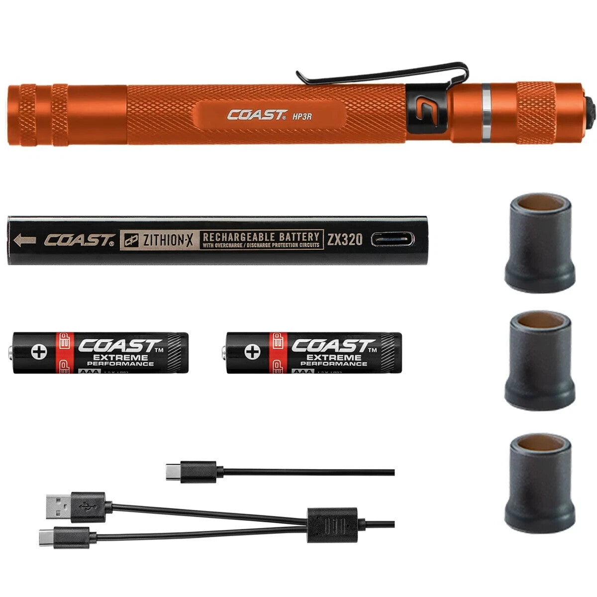 LED USB Rechargeable Penlight 500 Lumens with Twist Focus Orange