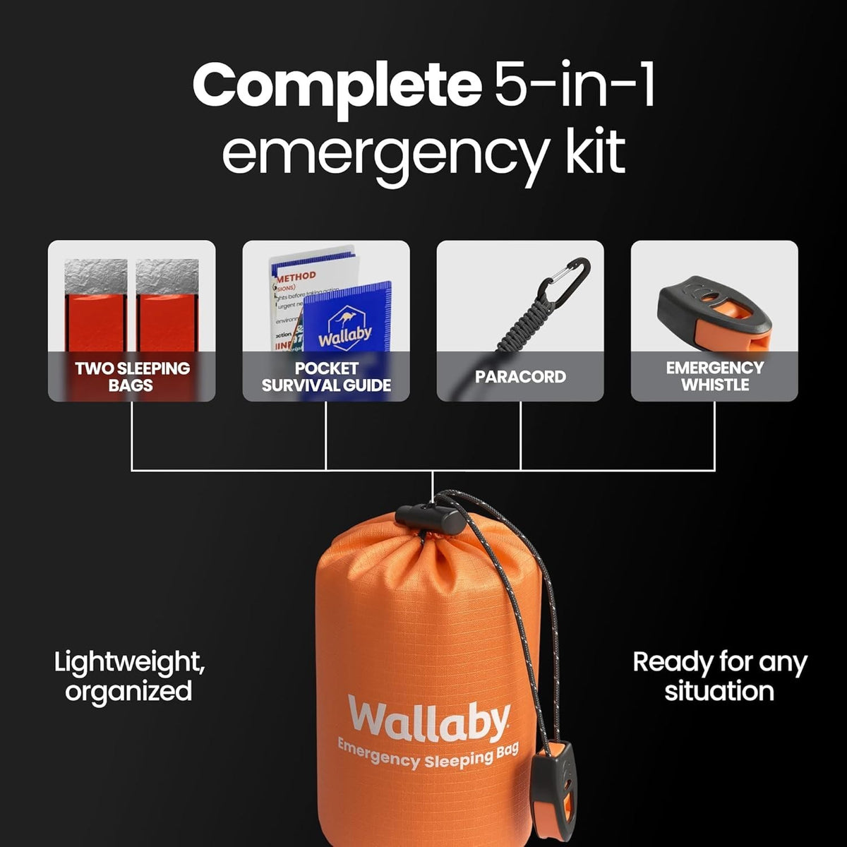 2-Pack Emergency Mylar Sleeping Bags with Pouch, Whistle, Paracord & Carabiners