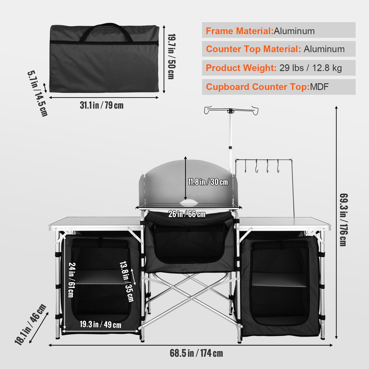 Portable Camping Kitchen Table with 3 Cupboards Folding Outdoor Food Prep Station