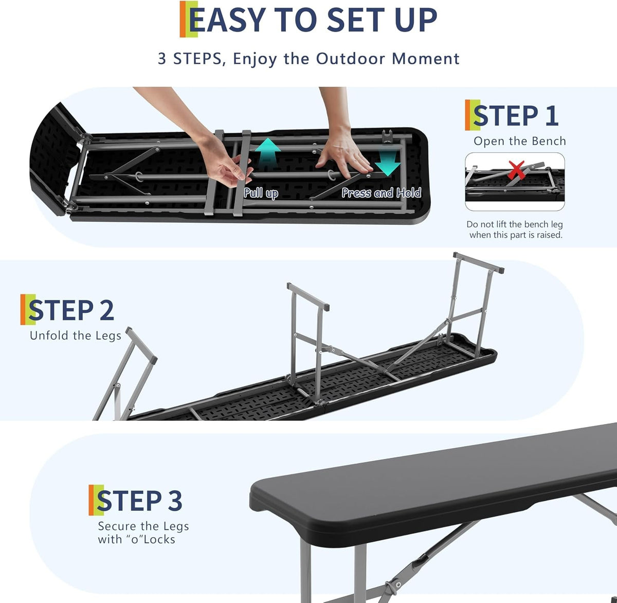 6ft Plastic Folding Bench Pack of 2 Waterproof Portable Seating for Indoor & Outdoor