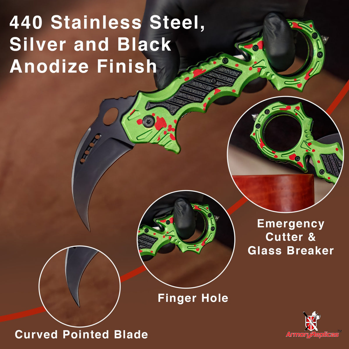 Spring Assisted Tactical Karambit Knife with Zombie Green Finish and Emergency Features