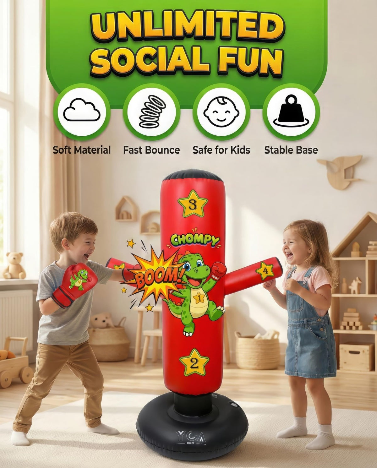 Kids Punching Bag 48 Inch Dino Dinosaur with Gloves for Martial Arts Play
