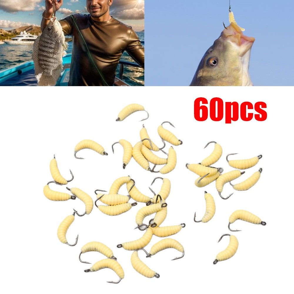 60 Pcs Rubber Maggot Lures Set with Hooks for Freshwater Fishing