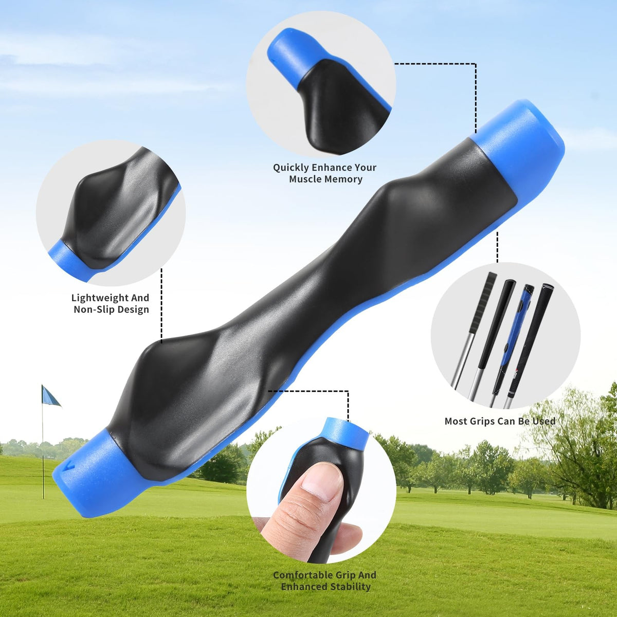 Golf Grip Trainer Swing Aid with Arm Strap for Right Handed Players - Blue