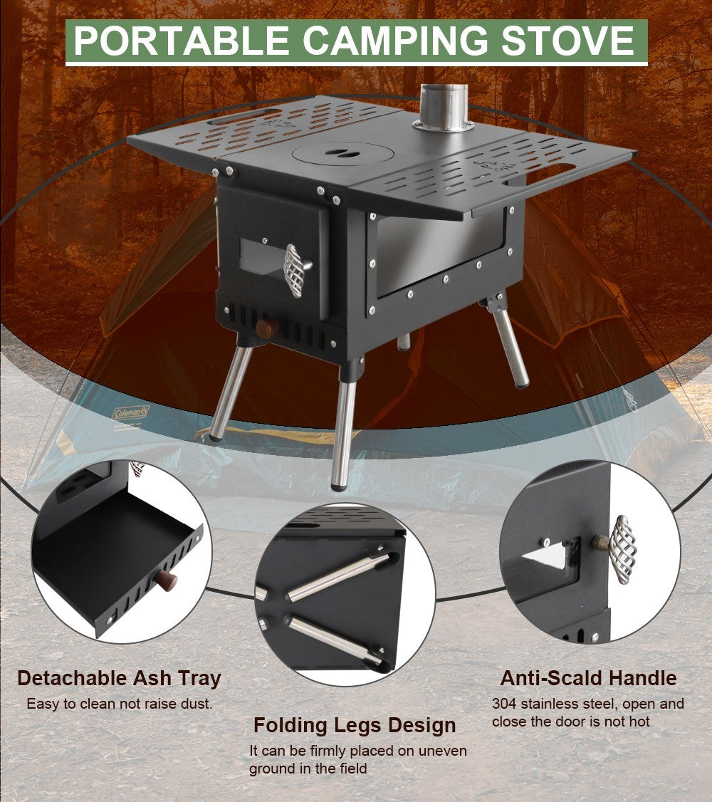 Foldable Camping Wood Stove with Chimney & Accessories - Portable Outdoor Heater & Cooker