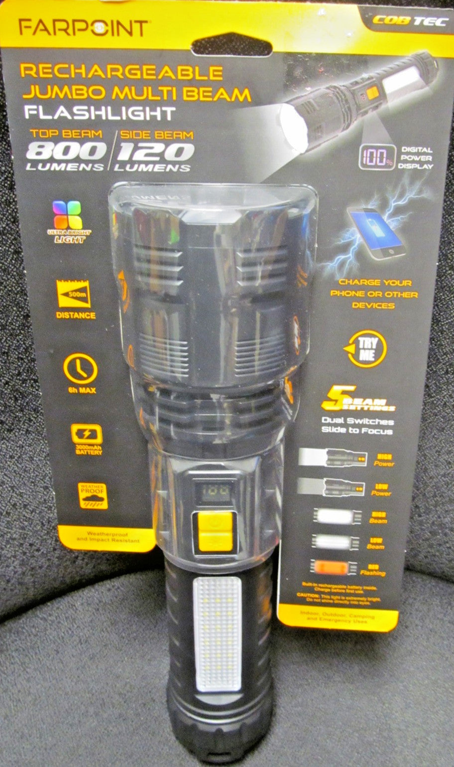 Rechargeable LED Flashlight 800 Lumens COB Handheld Torch with Power Bank