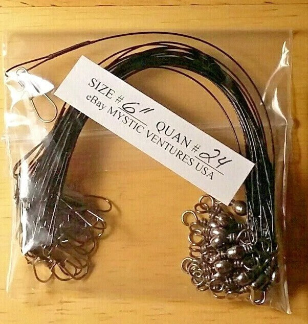 24ct 6-inch Black Steel Coated Braided Fishing Leaders 30lb Snaplock