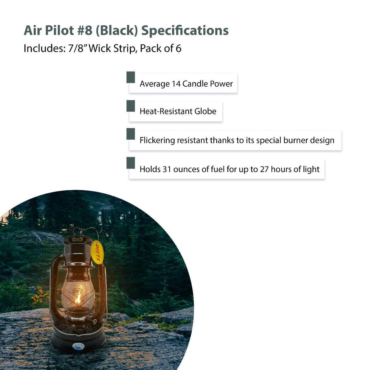 Oil Lantern with 7/8" Wick – Black Air Pilot Hurricane Lantern, 13.5" Tall